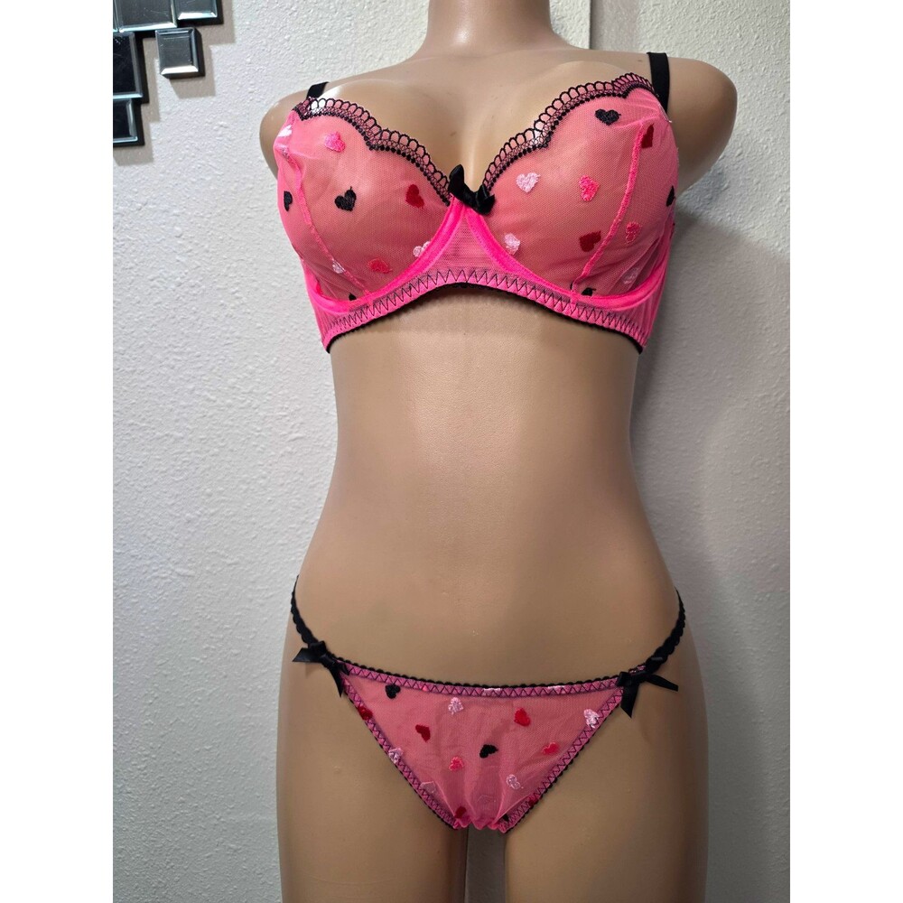 Agent Provocateur Conny Balconette Bra Set Pink/Black Heart Mesh 36D